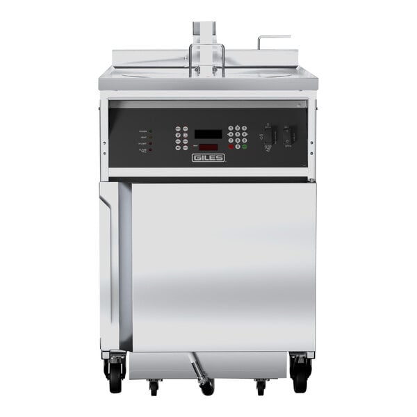 A Giles natural gas kettle fryer with a stainless steel top.