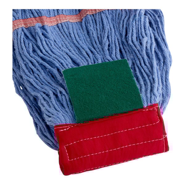 A blue microfiber looped end wet mop head with a 5-inch red headband and a green scrubbing pad.