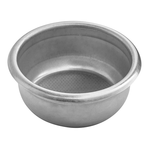 A silver stainless steel bowl with a perforated surface.