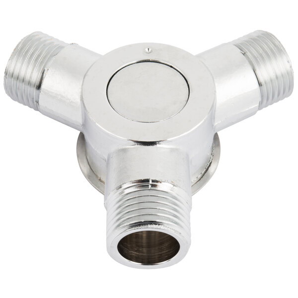 A silver metal Equip by T&S manual mixing valve with three connections.