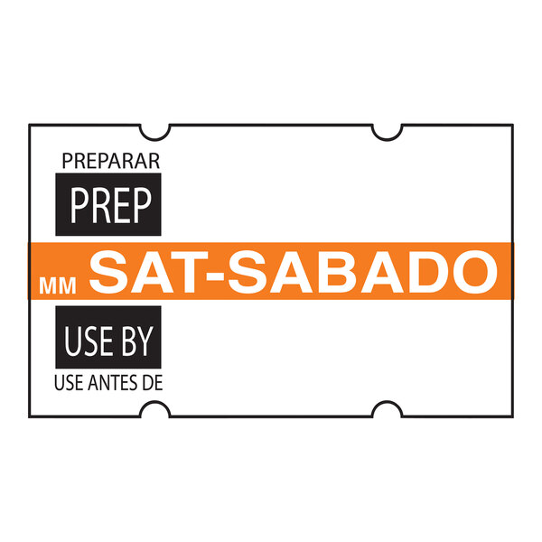 A white rectangular DayMark MoveMark label with black and orange text reading "Prep Saturday Use By"
