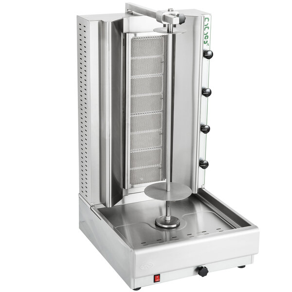 A stainless steel Visvardis gas gyro machine with a round shelf grid.