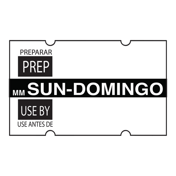 A white rectangular DayMark MoveMark label with black text that says "Sunday - Domingo"