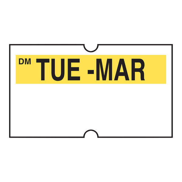 A yellow and black rectangular DayMark label with the words "Tue" and "Mar" on a white background.