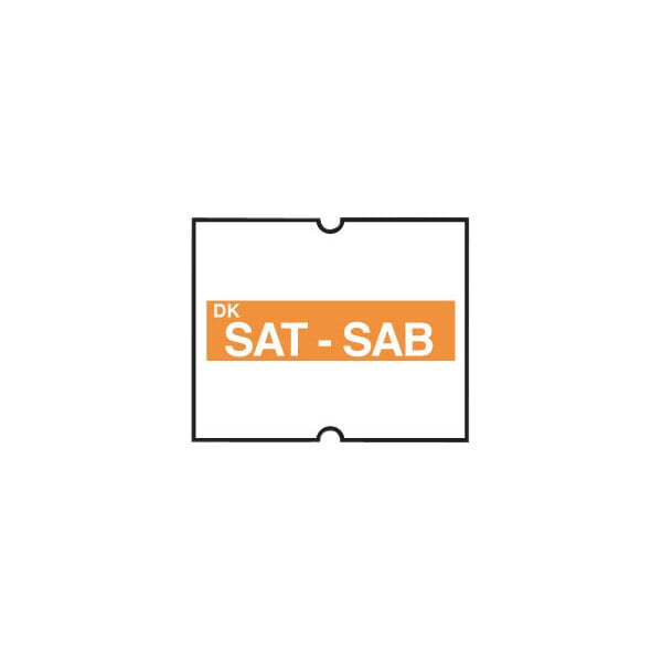 A rectangular orange and white DayMark label with "Sat" and "Sab" on it.