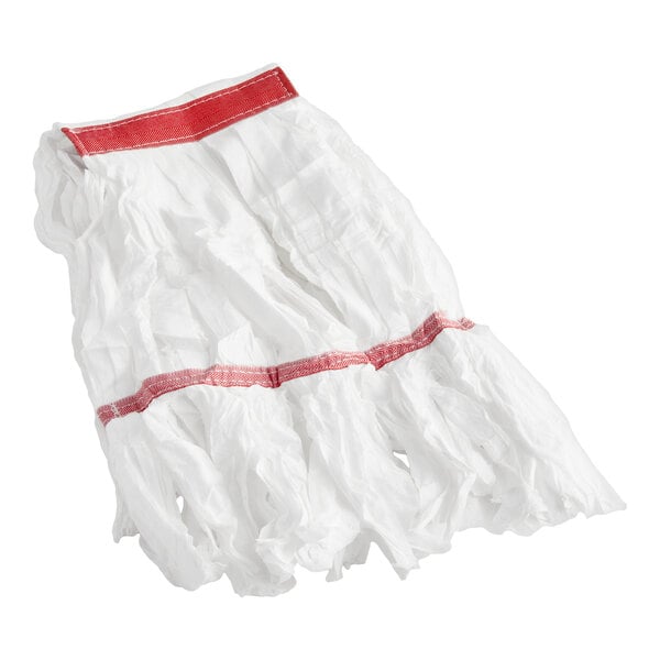 A white microfiber wet mop head with a 1-inch red headband.