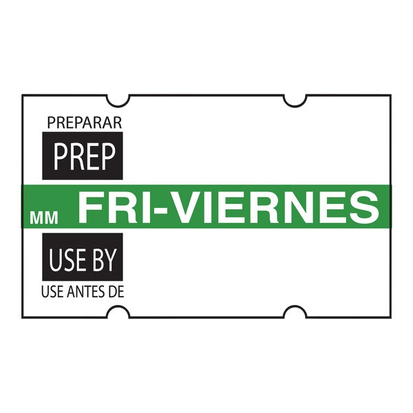 A white and green DayMark label with the word Friday in black.