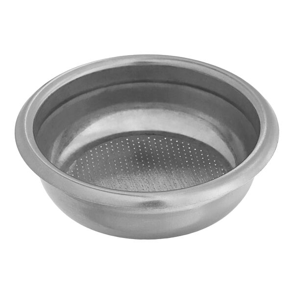 A silver metal Estella Caffe small double coffee filter with holes in it.