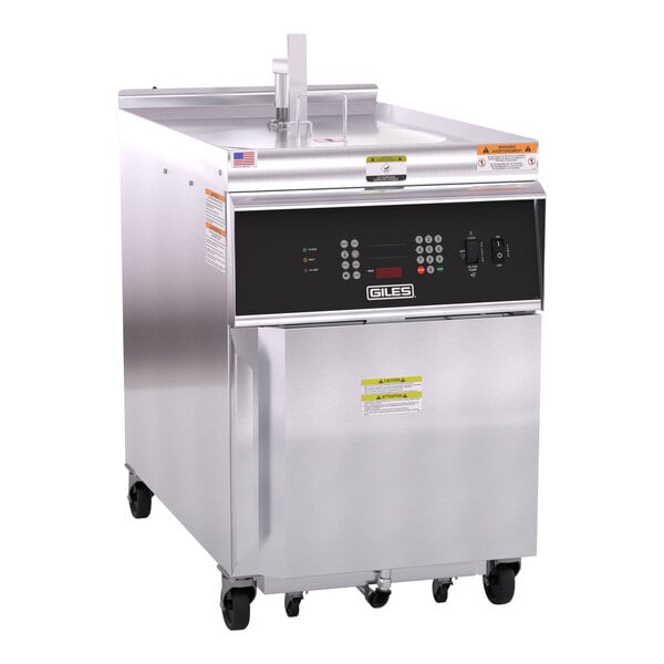 A Giles commercial electric kettle fryer with a stainless steel cabinet.