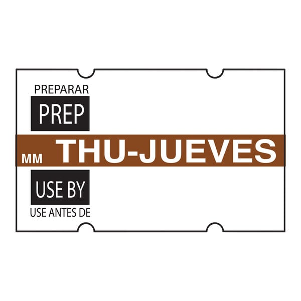 A white rectangular DayMark MoveMark label with black and white text that reads "Thursday" in English and "Jueves" in Spanish.