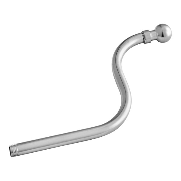 A silver curved metal pipe with a long handle.