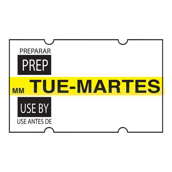 A white rectangular DayMark label with black and yellow text that says "Prep Tue" and "Use By Tue"
