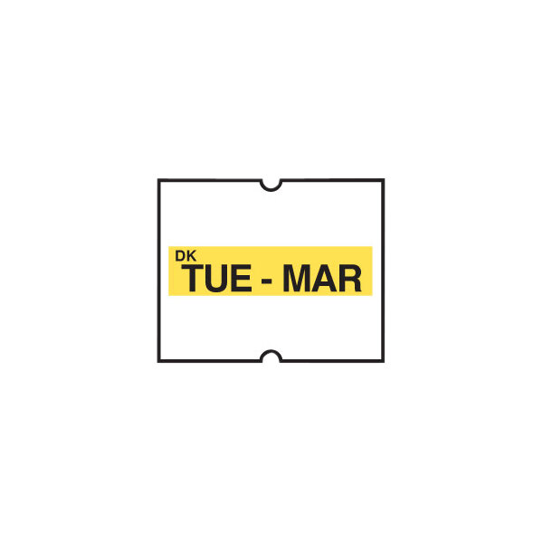 A white rectangular DayMark label with black text reading "Tue" and "Mar" with a yellow border.