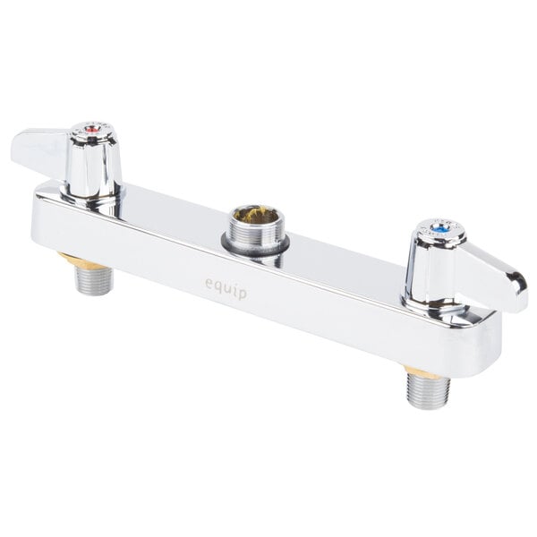 A chrome Equip by T&amp;S faucet base with swing outlet and screw holes.