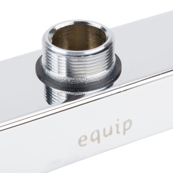 A chrome Equip by T&S deck mount faucet base with a metal pipe.