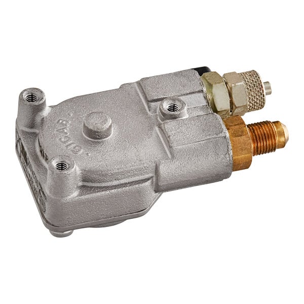 A silver metal Estella Caffe flowmeter assembly with brass fittings.