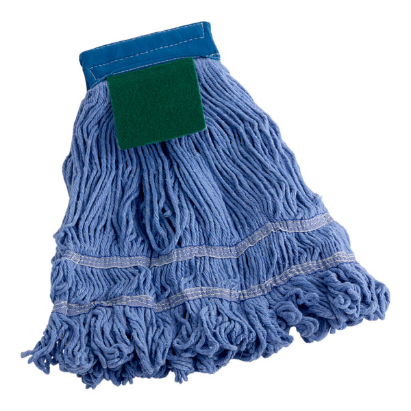 A blue microfiber looped end wet mop head with a 5-inch blue headband.