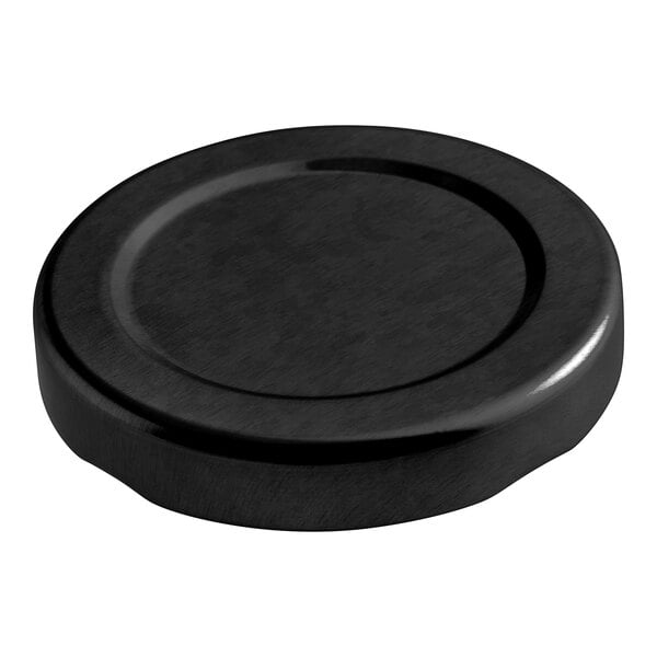 A black round metal lid with a white plastisol liner.