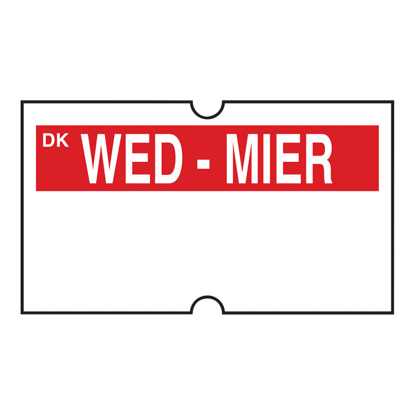 A rectangular white label with red text that says 'Wednesday' and 'DM3' in red.