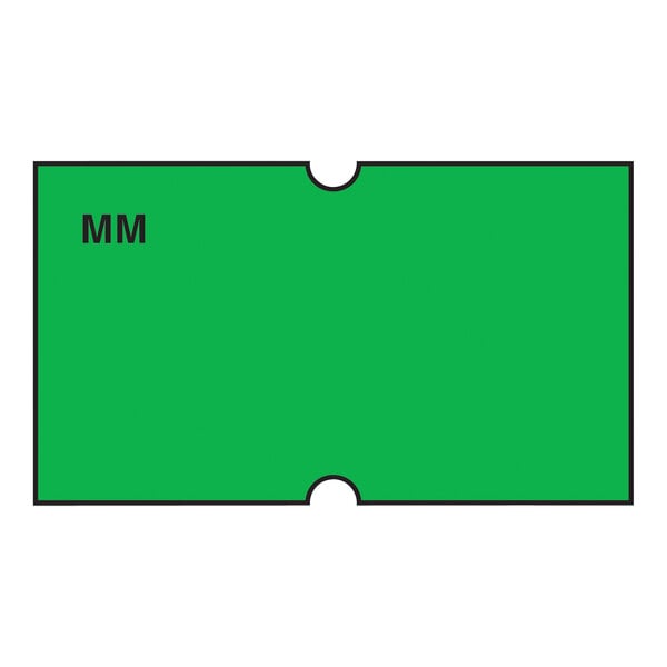 A green rectangular DayMark label with black text reading "mm" on it.