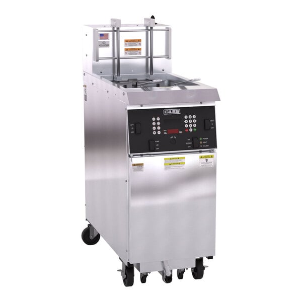 A Giles electric bankable fryer with a stainless steel cabinet.