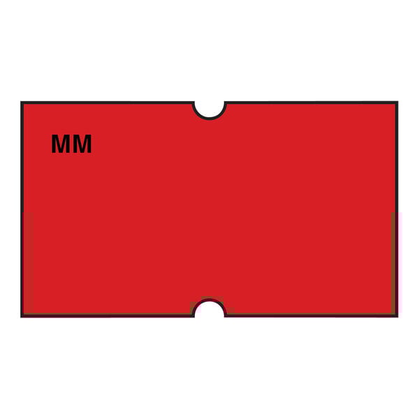A rectangular red label with the word "MM" in black.