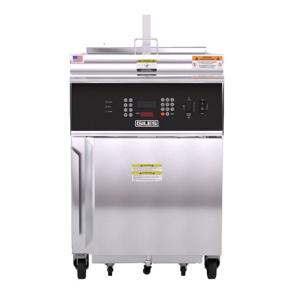 A large stainless steel and black Giles Electric Kettle Fryer.