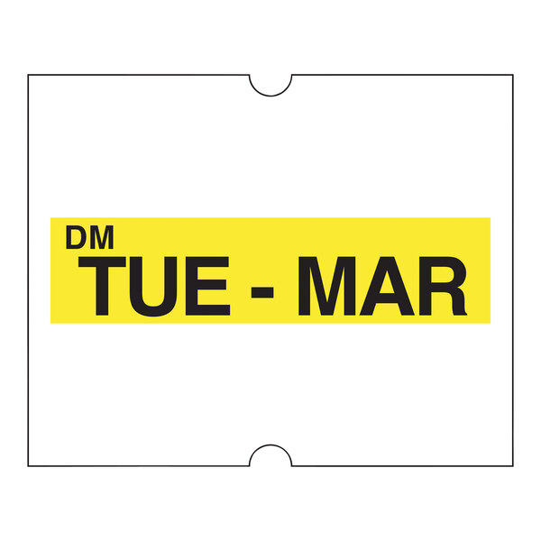 A yellow and black rectangular DayMark label with the words "Tue - Mar" on a white background.