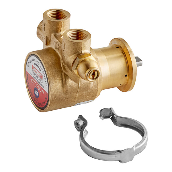 A gold brass Estella Caffe water pump with a hose and hose clamp.