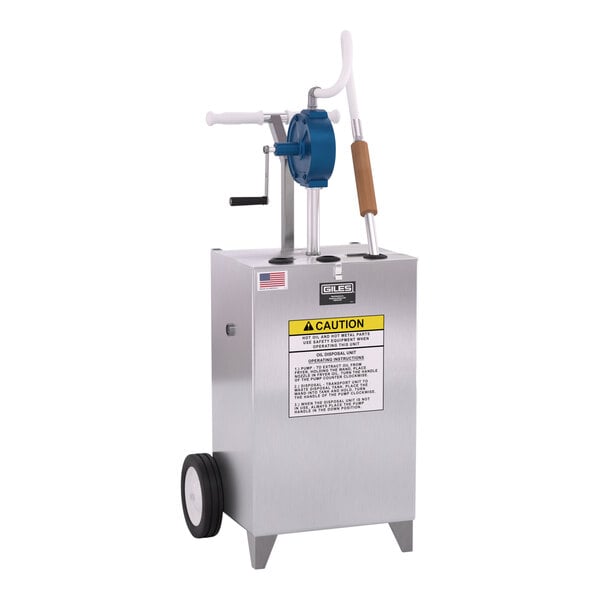 A white Giles portable waste oil caddy with manual pump, wheels, and a handle.