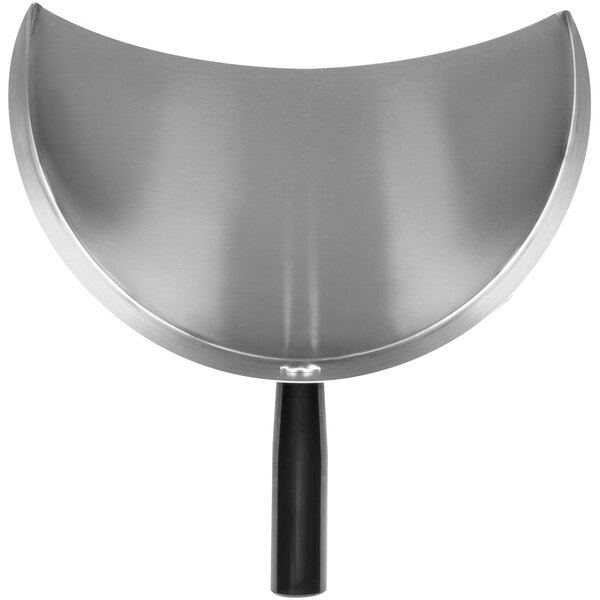 A stainless steel bowl with a black handle.