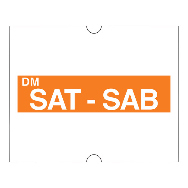 A white rectangular DayMark label with orange and white text that reads "DM Sat - Sab"