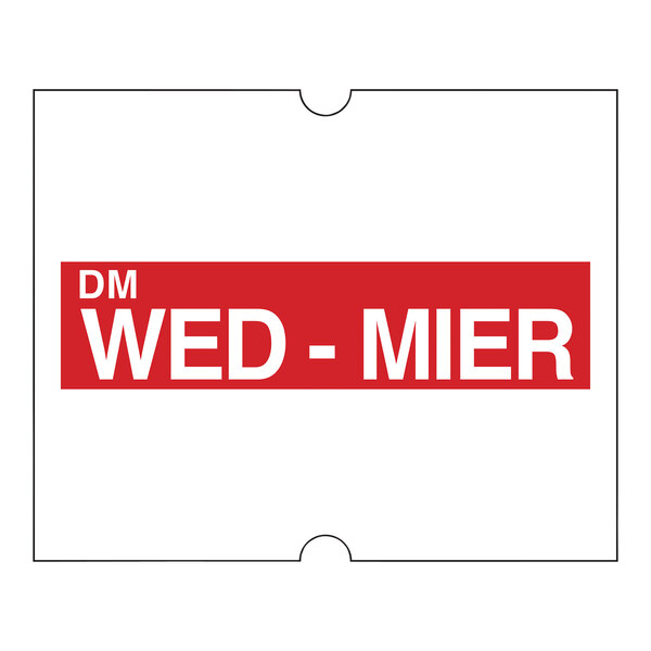 A red rectangular label with white text reading "Dissolvable Wednesday" for DayMark label makers.