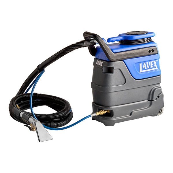 A blue and white Lavex carpet extractor machine with hoses and a clear upholstery tool.