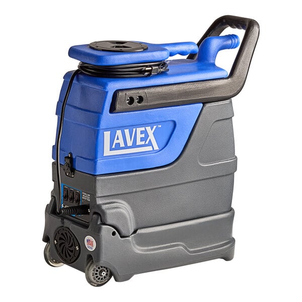A Lavex carpet extractor with wheels and a handle.