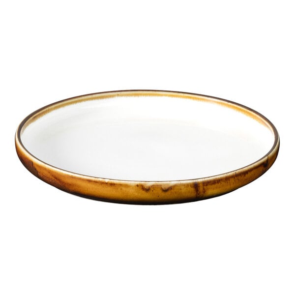 A white porcelain plate with a brown rim.