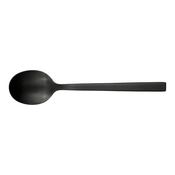 A black Libbey Elexa stainless steel demitasse spoon with a long handle.