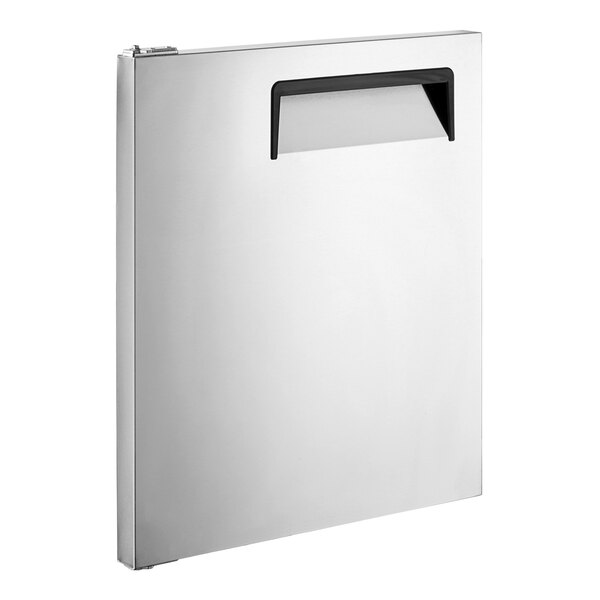 A white rectangular stainless steel door with a black handle.