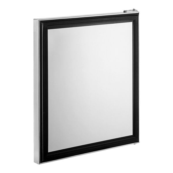 A white door with black hinges for an Avantco refrigerator.