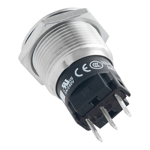 A stainless steel push button switch with a black cover.