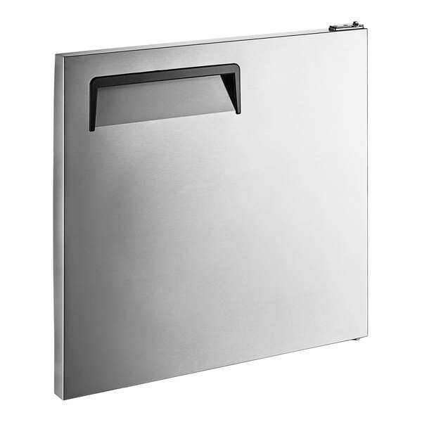 A silver rectangular right-hinged solid door with a black handle.