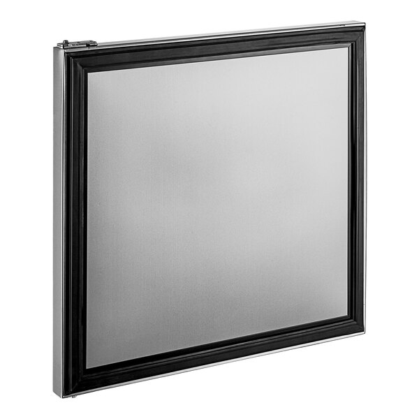 A rectangular white door with a black and silver metal frame.