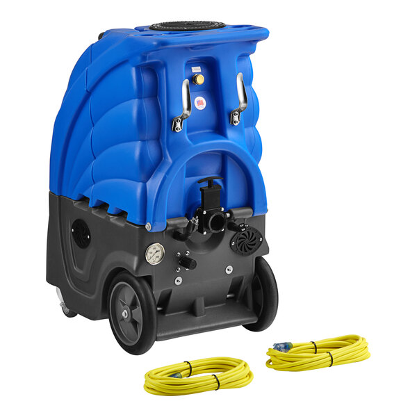 A blue and black Lavex hard surface extractor with yellow and grey hoses and wheels.