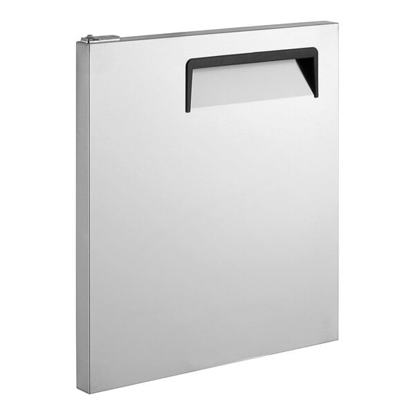 A white rectangular door with a black handle.