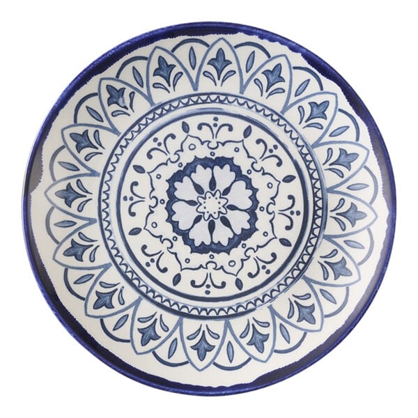 A blue and white Dudson Harvest Mediterranean Moresque coupe china plate with a design on it.