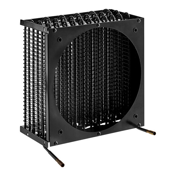 An Avantco condenser coil, a black metal box with a round hole.