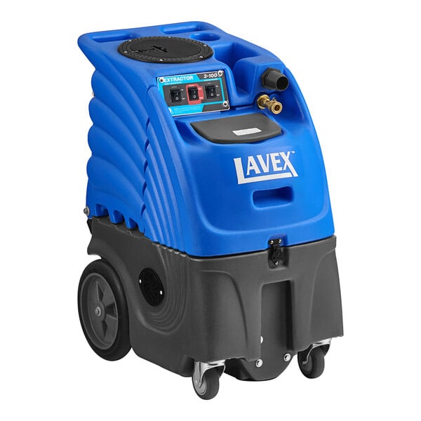 A blue and black Lavex 3-stage heated carpet extractor on wheels.