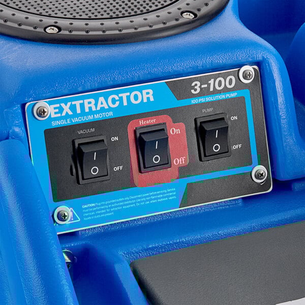 A blue and black Lavex carpet extractor with black switches and a red and black label.