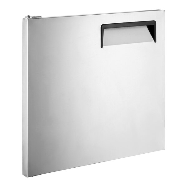A white rectangular stainless steel door with a black handle.