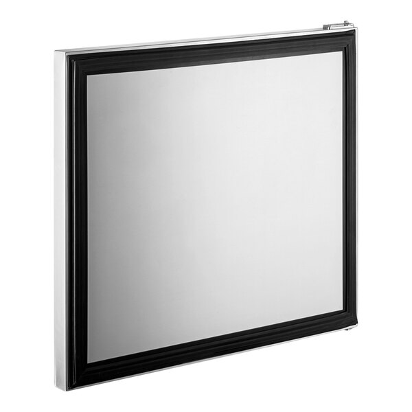 A white rectangular door with black trim on the edges.